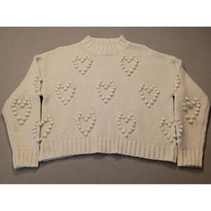 She + Sky Women's Size‎ Large White Heart Pom Pom Knit Sweater Cozy Cute
